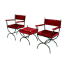 Mid-century Savonarola chairs and stool in cherry red velvet