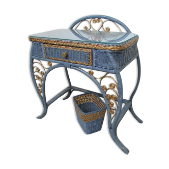 Vintage dressing table rattan braided blue and gold
