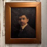 Huile sur toile portrait d'homme portant lunettes et moustache début XXe
