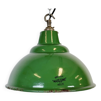 Lampe à suspension industrielle en émail vert de Maxlume, années 1960