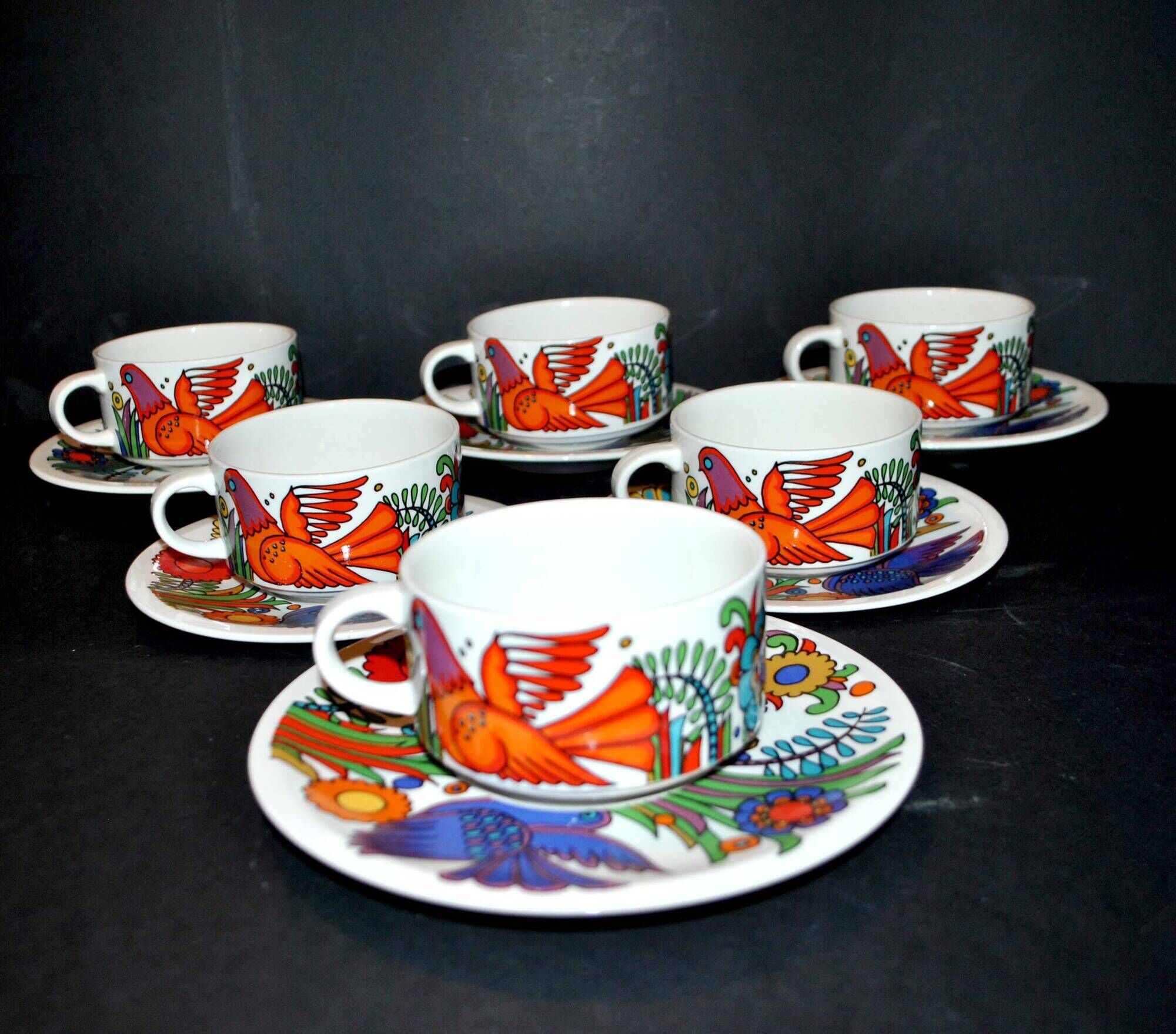 Lot 6 colorful bird cups acapulco by villeroy-boch vintage 1960-1970
