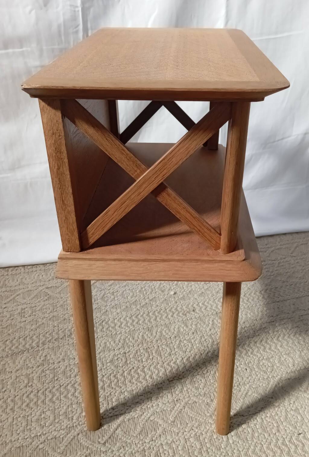 1950s oak bedside table with crossbars
