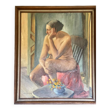 Peinture à l'huile encadrée d'une femme nue assise