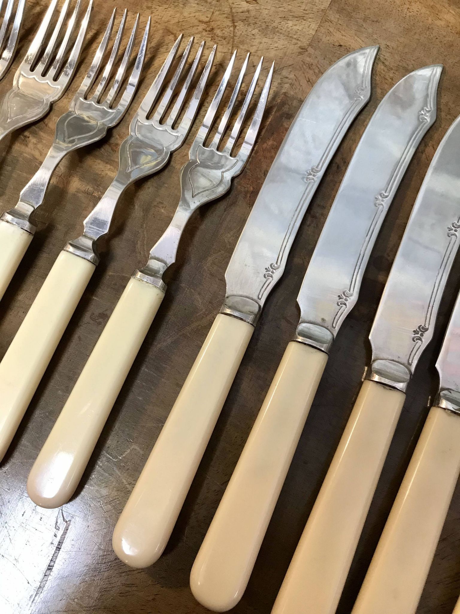 Silver-plated metal fish cutlery set consisting of 6 forks and 6 knives