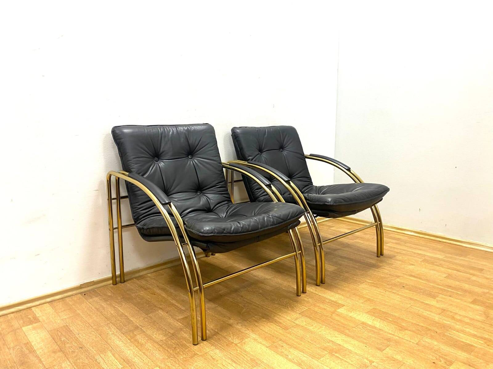 Vintage Leather and Metal Armchairs, 1990s, Set of 2