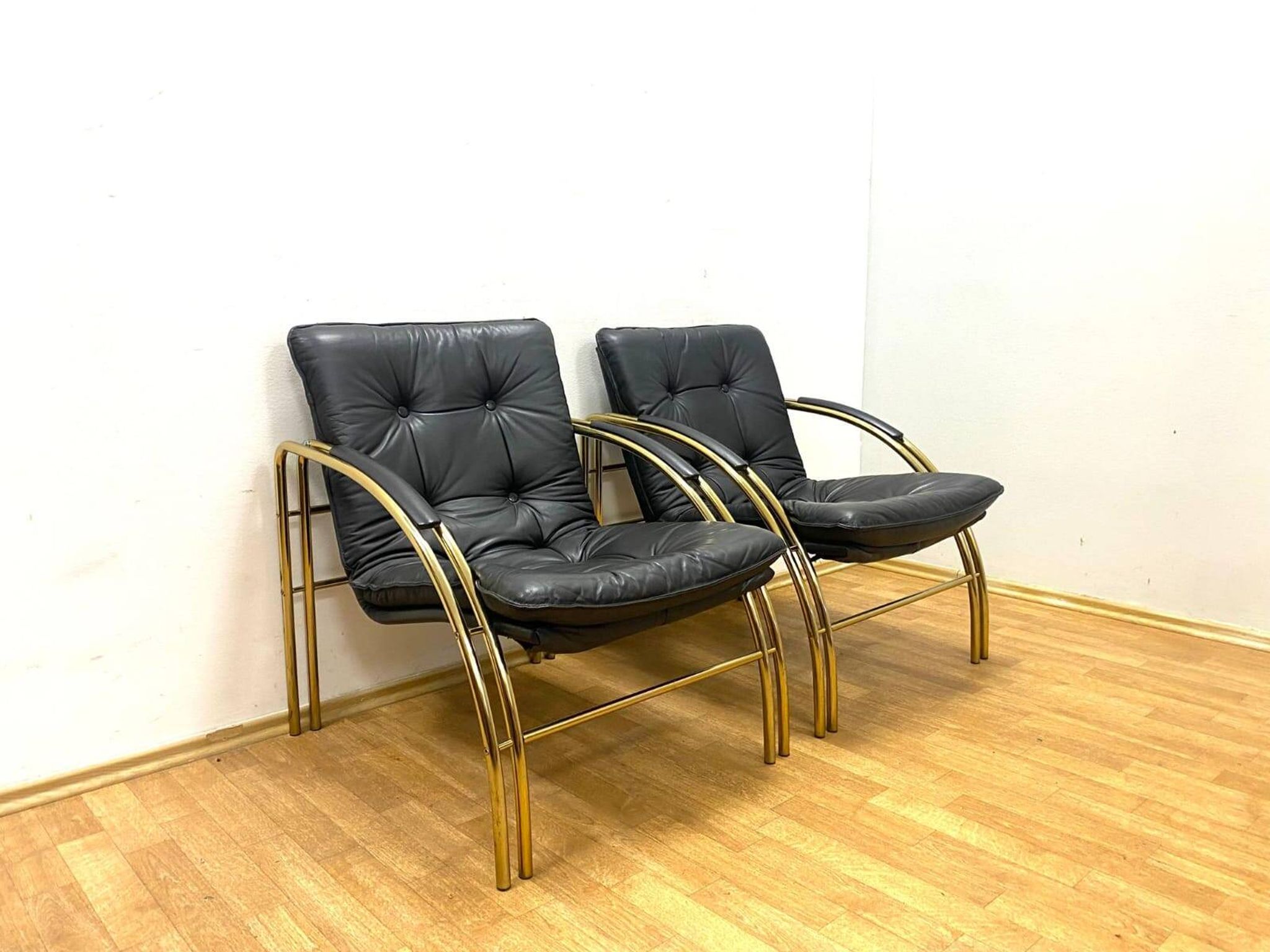Vintage Leather and Metal Armchairs, 1990s, Set of 2