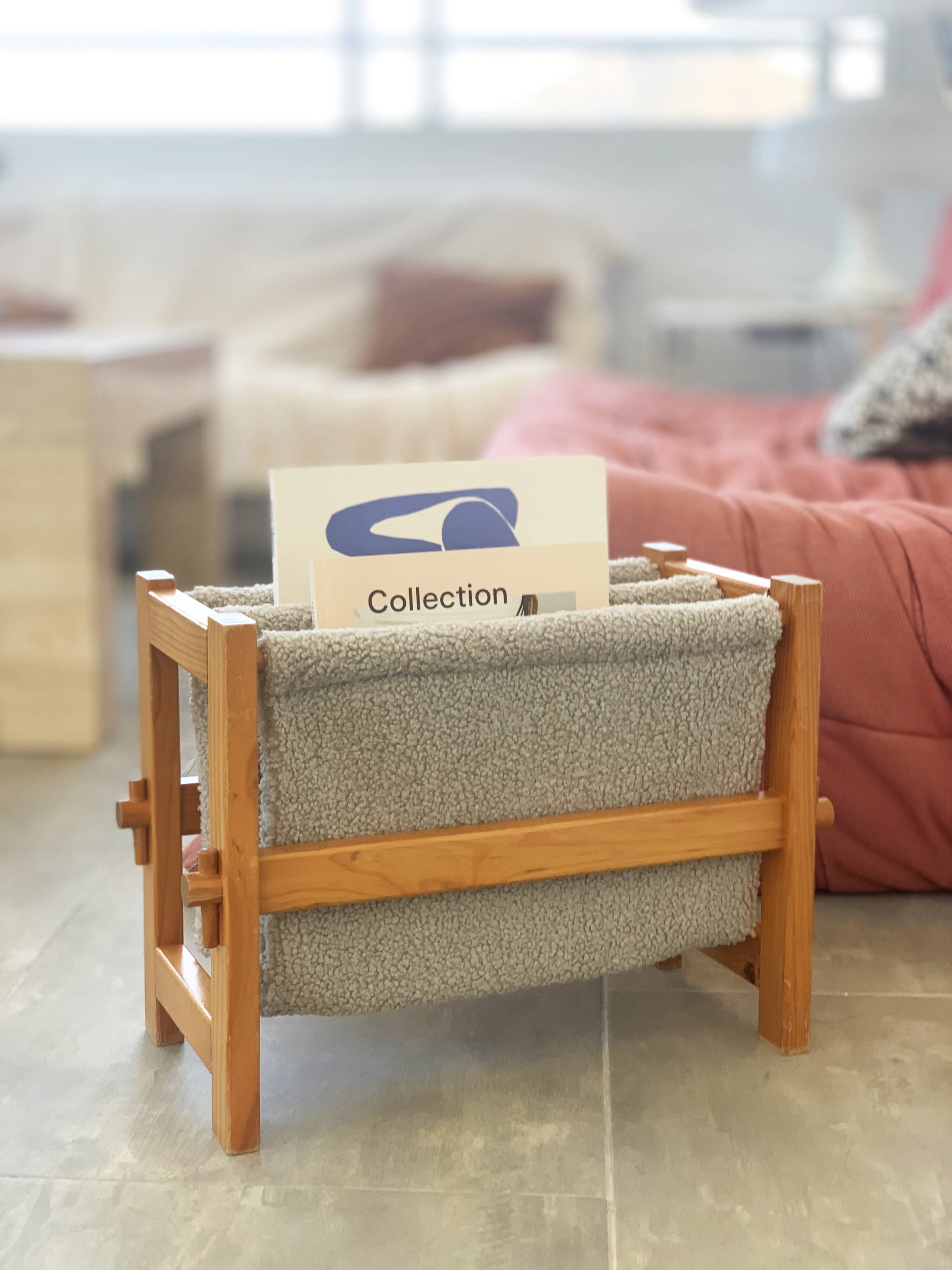 Magazine rack in wood and terry cloth, 1970