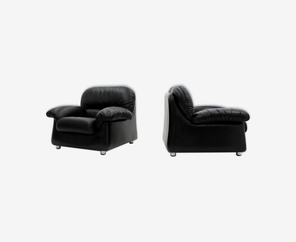 Paire de fauteuils vintage en cuir noir Sormani des années 1970