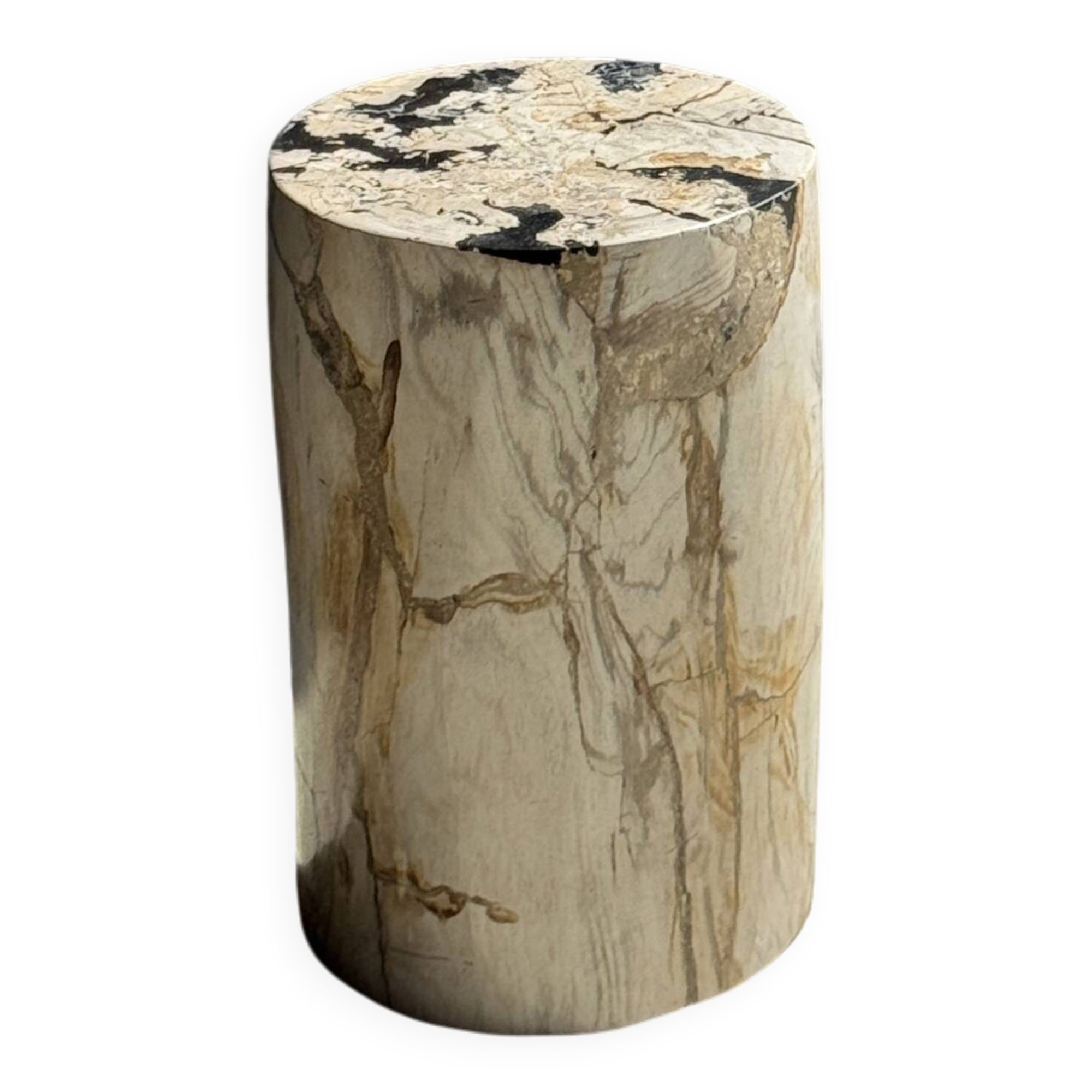 Small white petrified wood side table with black inlay H28 D18 -