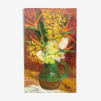 Table bouquet of flowers oil on cardboard