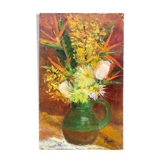 Tableau bouquet de fleurs huile sur carton