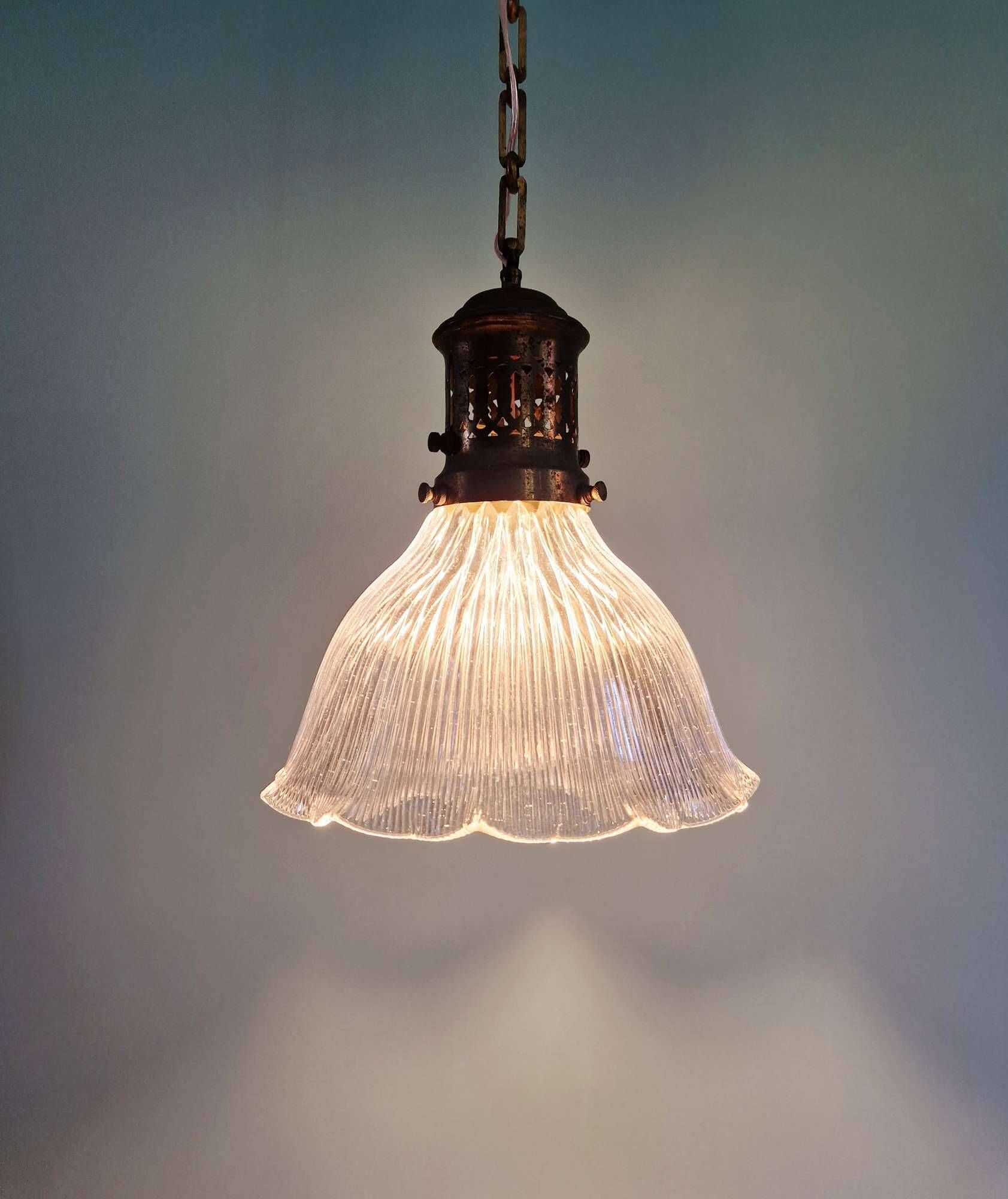 Large Holophane pendant light in clear ribbed glass, 1920-30.