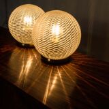 21112K Pair of Tessuto Vetri Venini table lamps with Murano glass swirl bowl shades, 1970s
