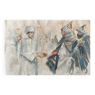 Tableau peinture ancienne aquarelle Maroc 1893