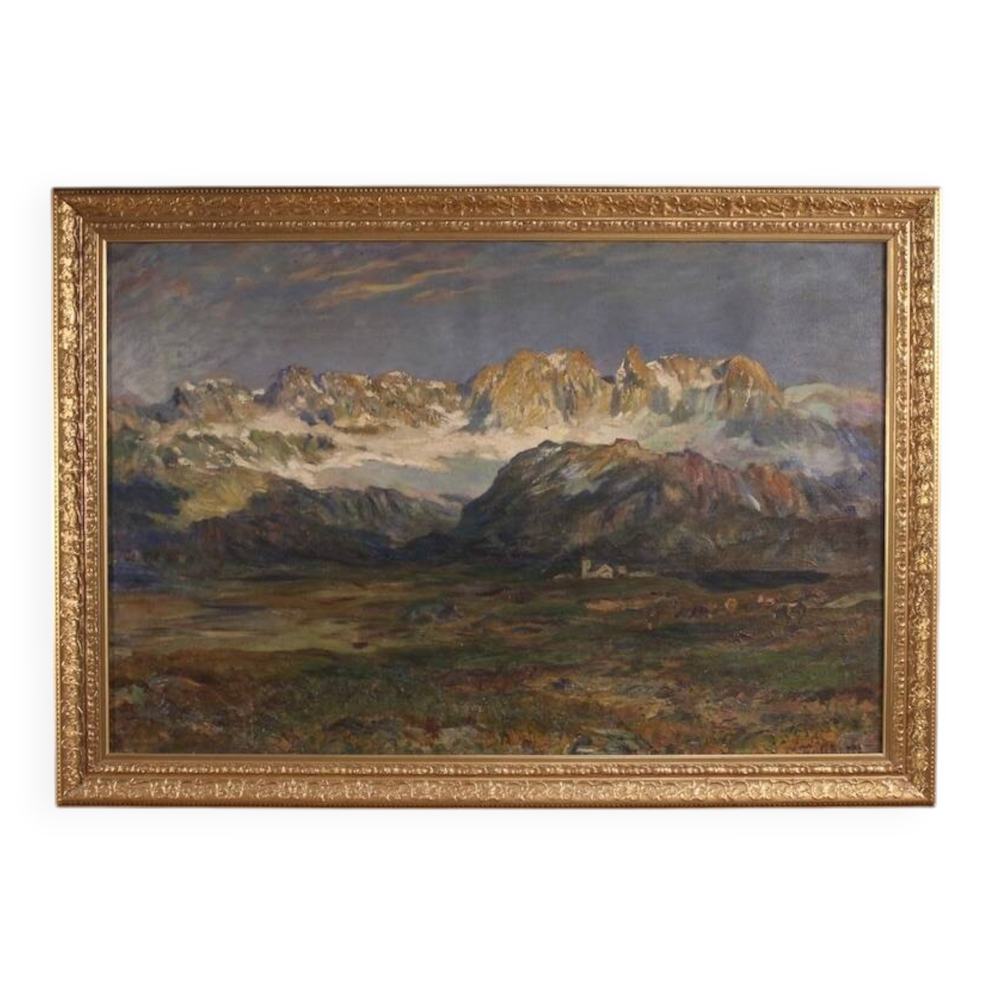 Antique Italian signed mountain landscape painting from 19th century