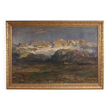 Antique Italian signed mountain landscape painting from 19th century