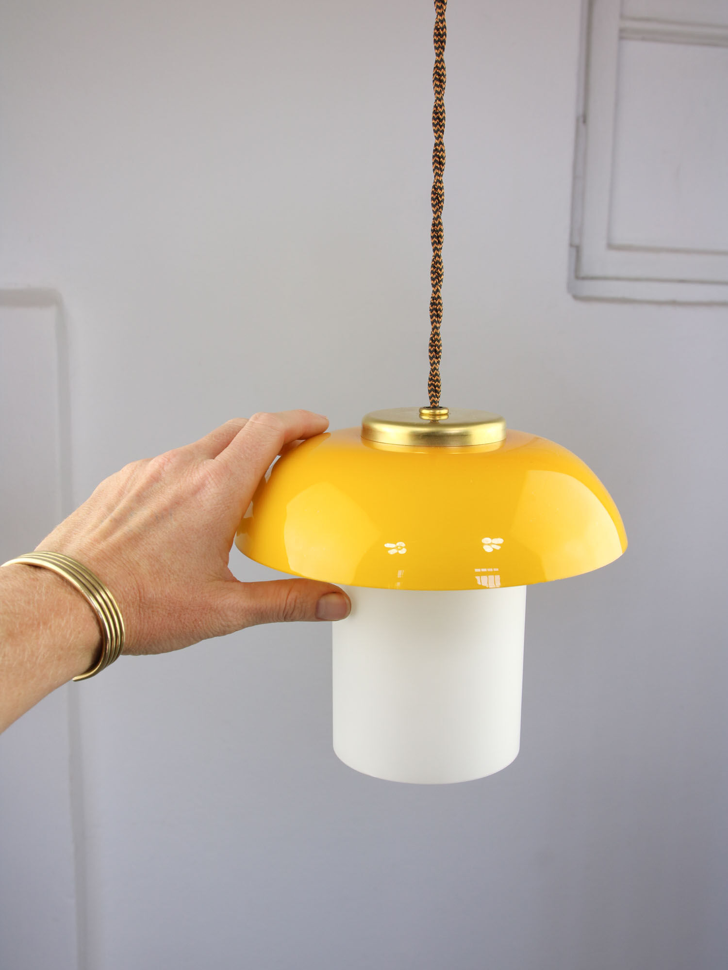 Mid-century orange glass & brass mushroom pendant lamp
