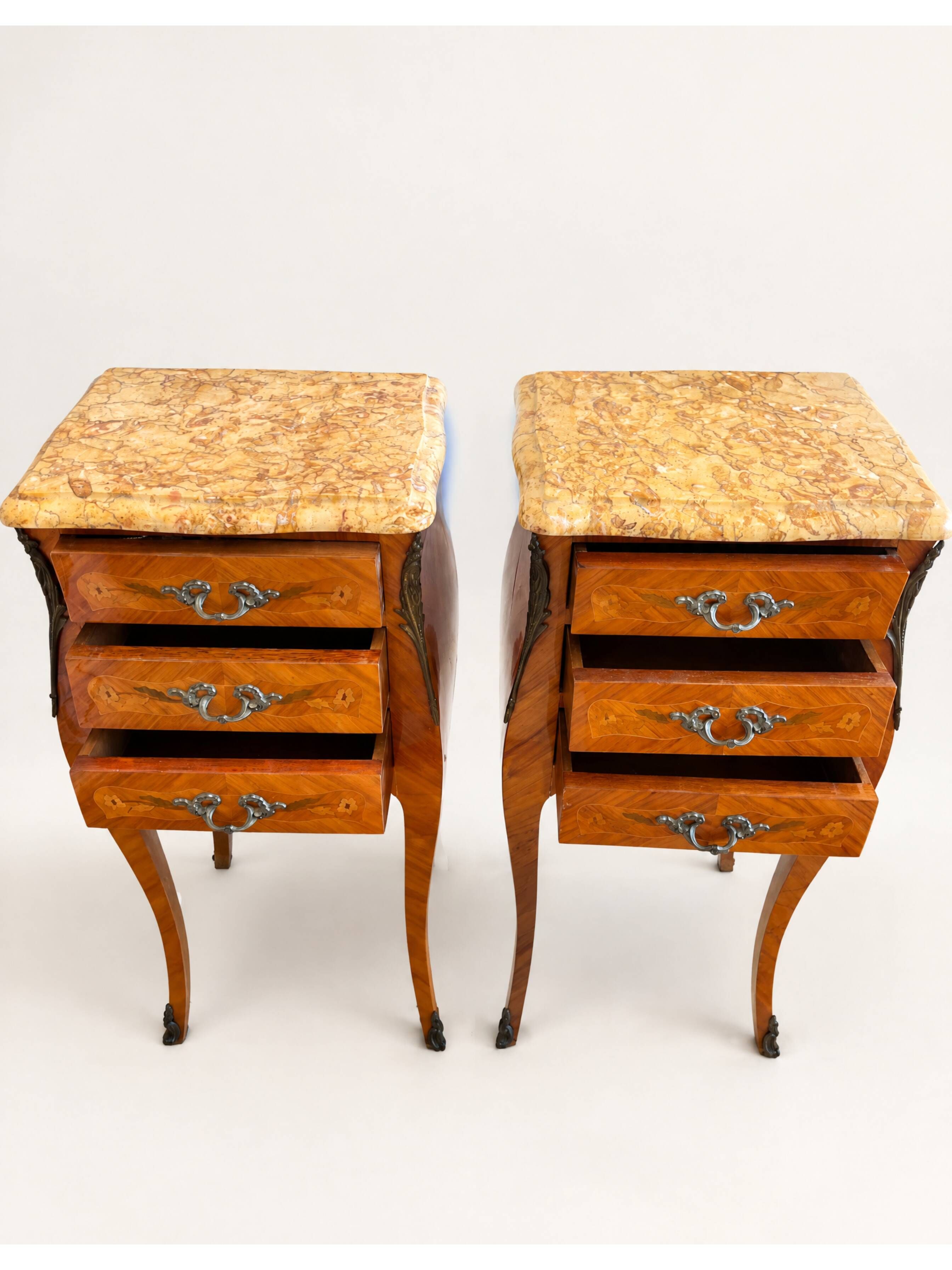 Pair French Rosewood Nightstands, Louis XV Marquetry Bedside Tables