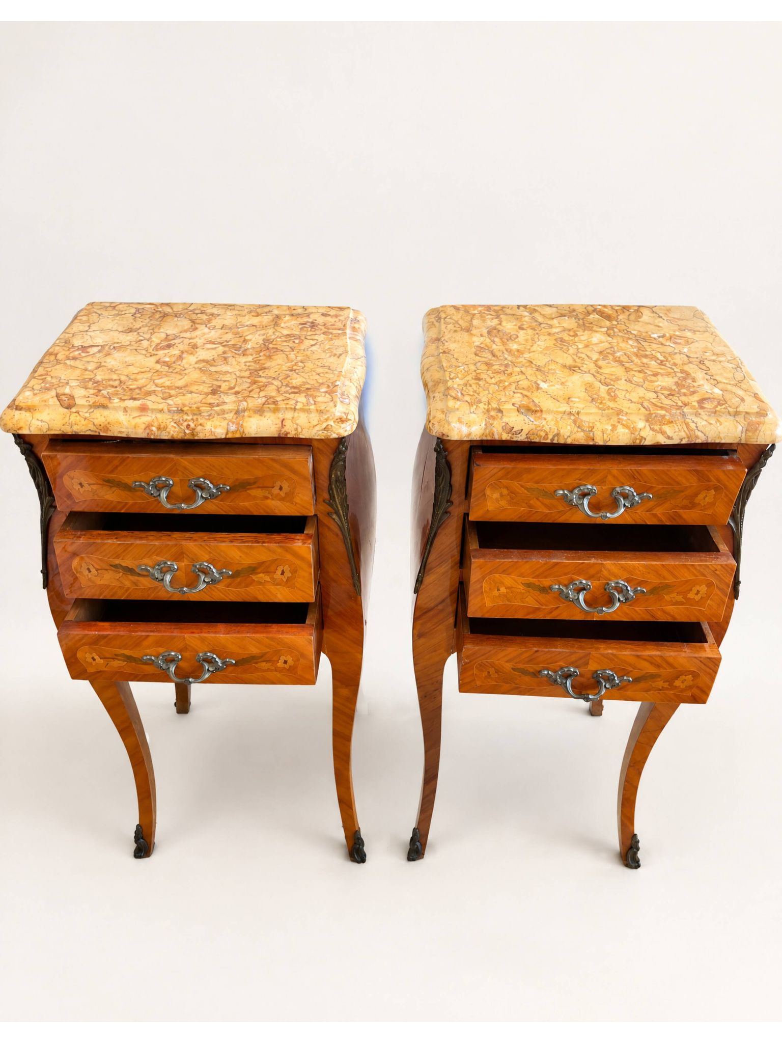 Pair of French rosewood bedside tables, Louis XV marquetry nightstands.