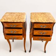 Pair of French rosewood bedside tables, Louis XV marquetry nightstands.