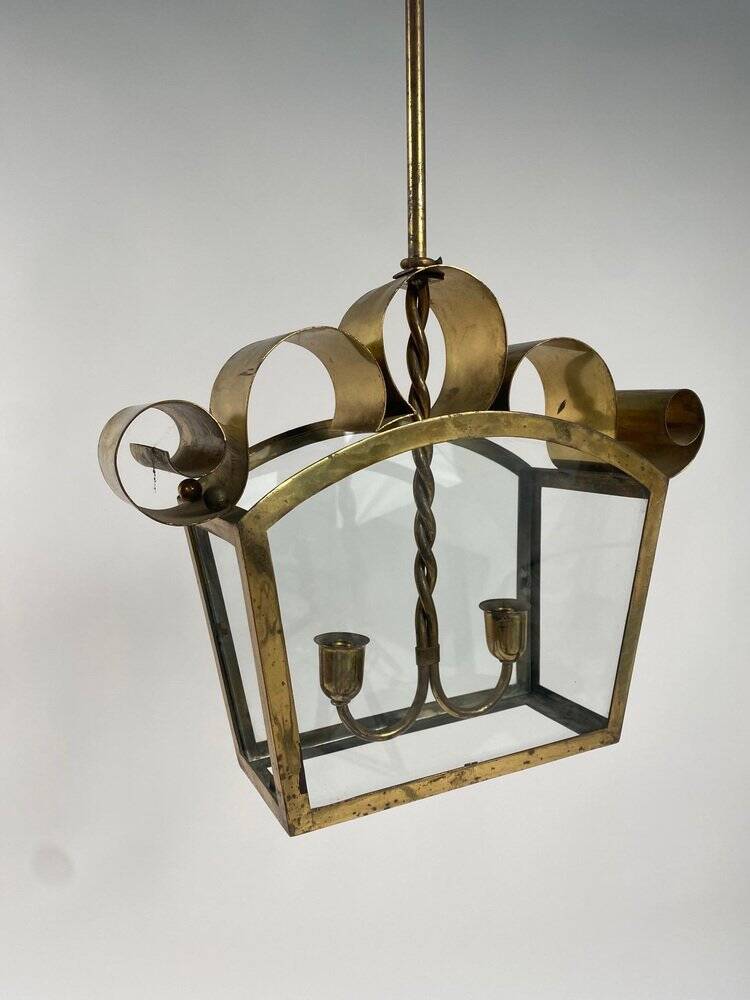 Mid-Century Italian Brass Ceiling Lamp in the style of Fontana Arte, 1950s