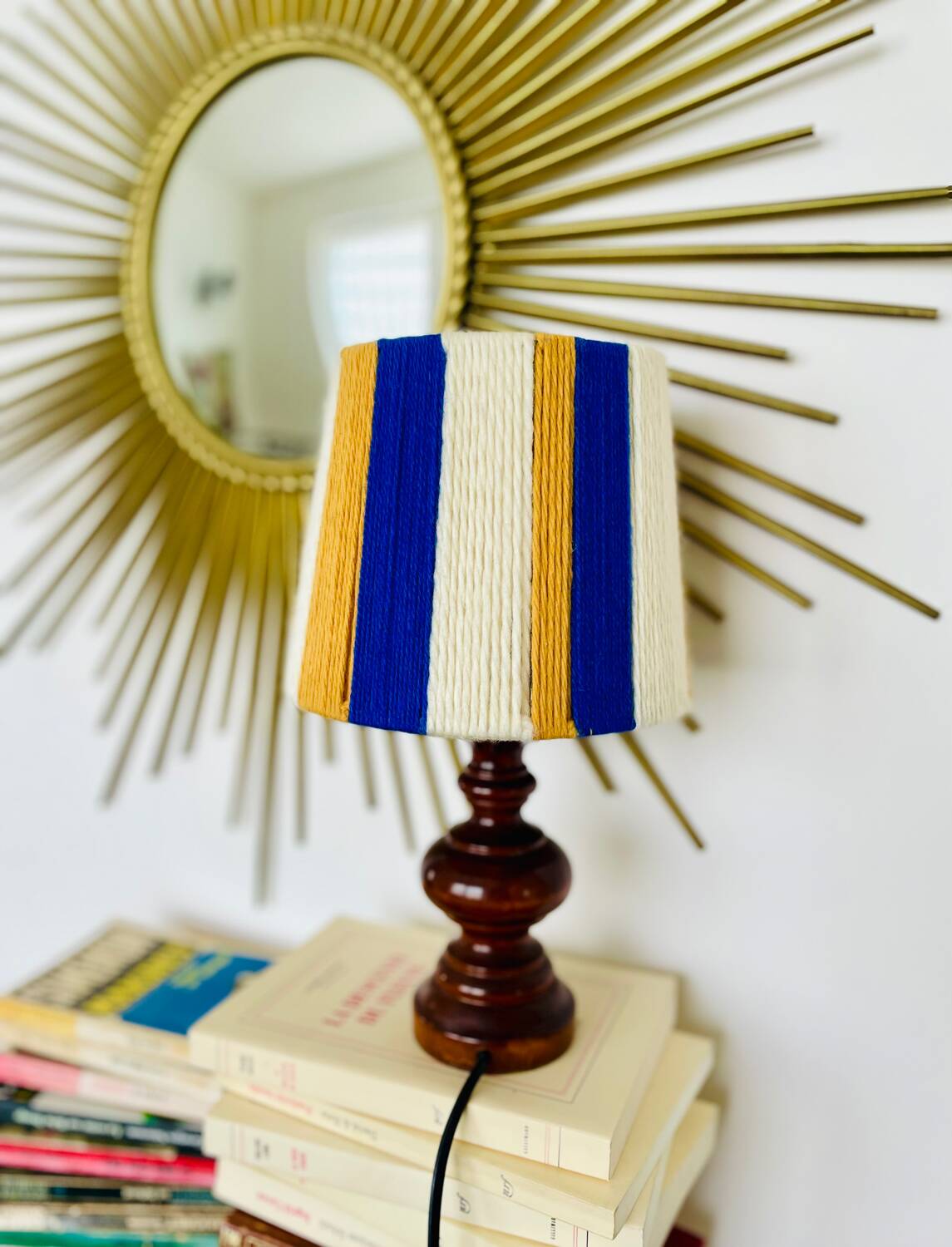 Vintage lamp with turned wooden base, striped wool lampshade