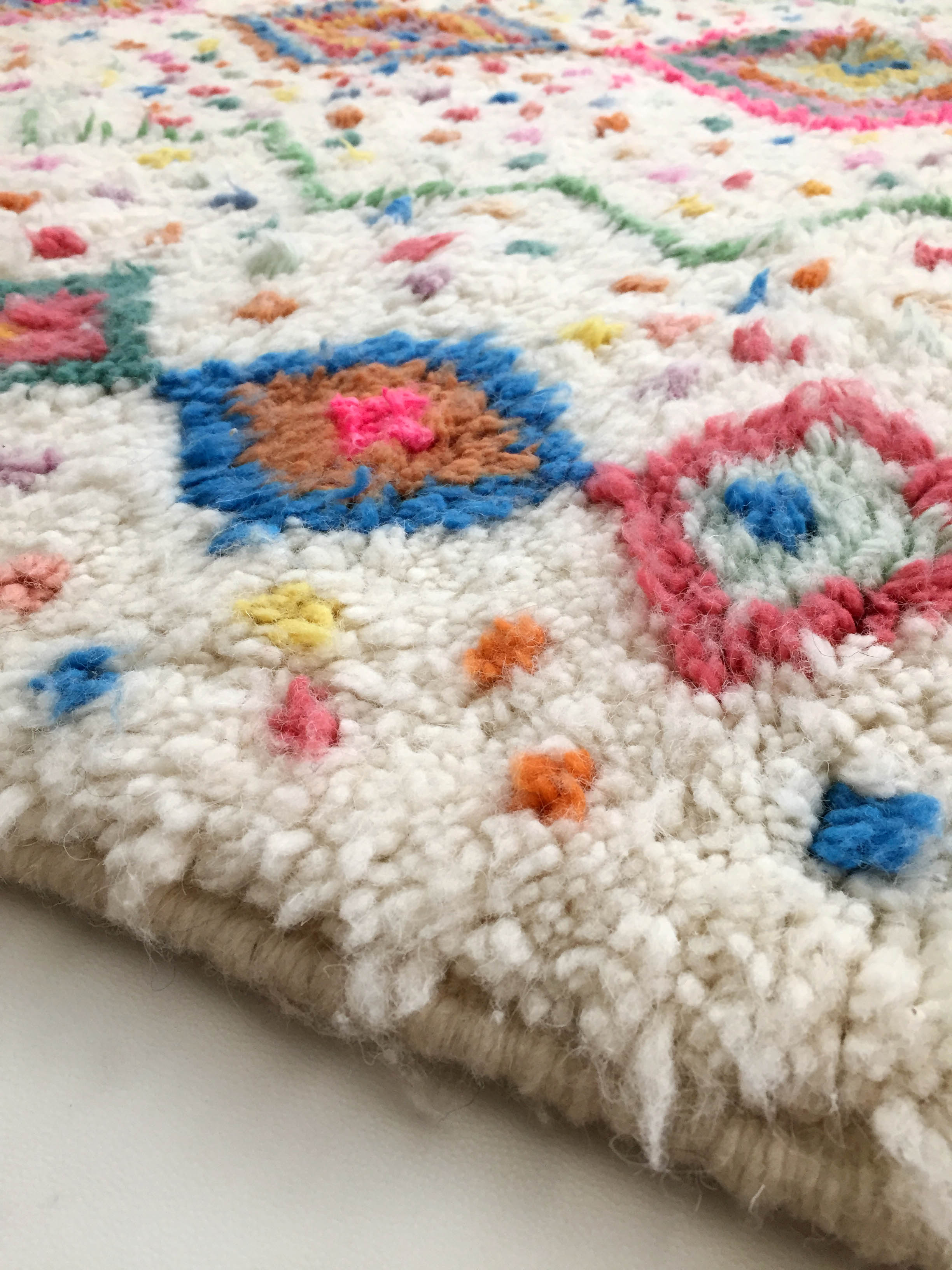 Moroccan Berber carpet azilal ecru with multicolored patterns 235x162cm