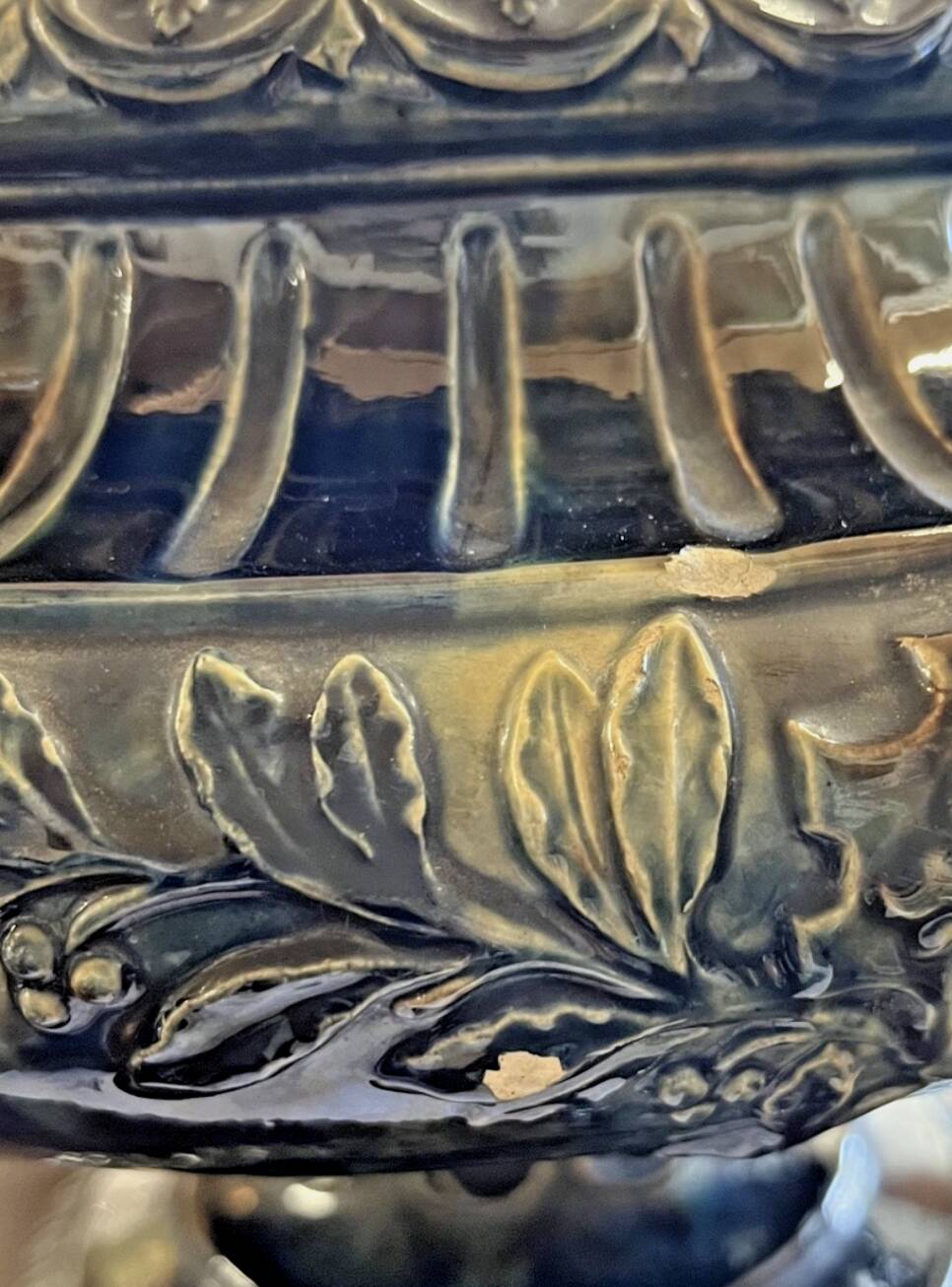 Large footed bowl in green and blue glazed ceramic