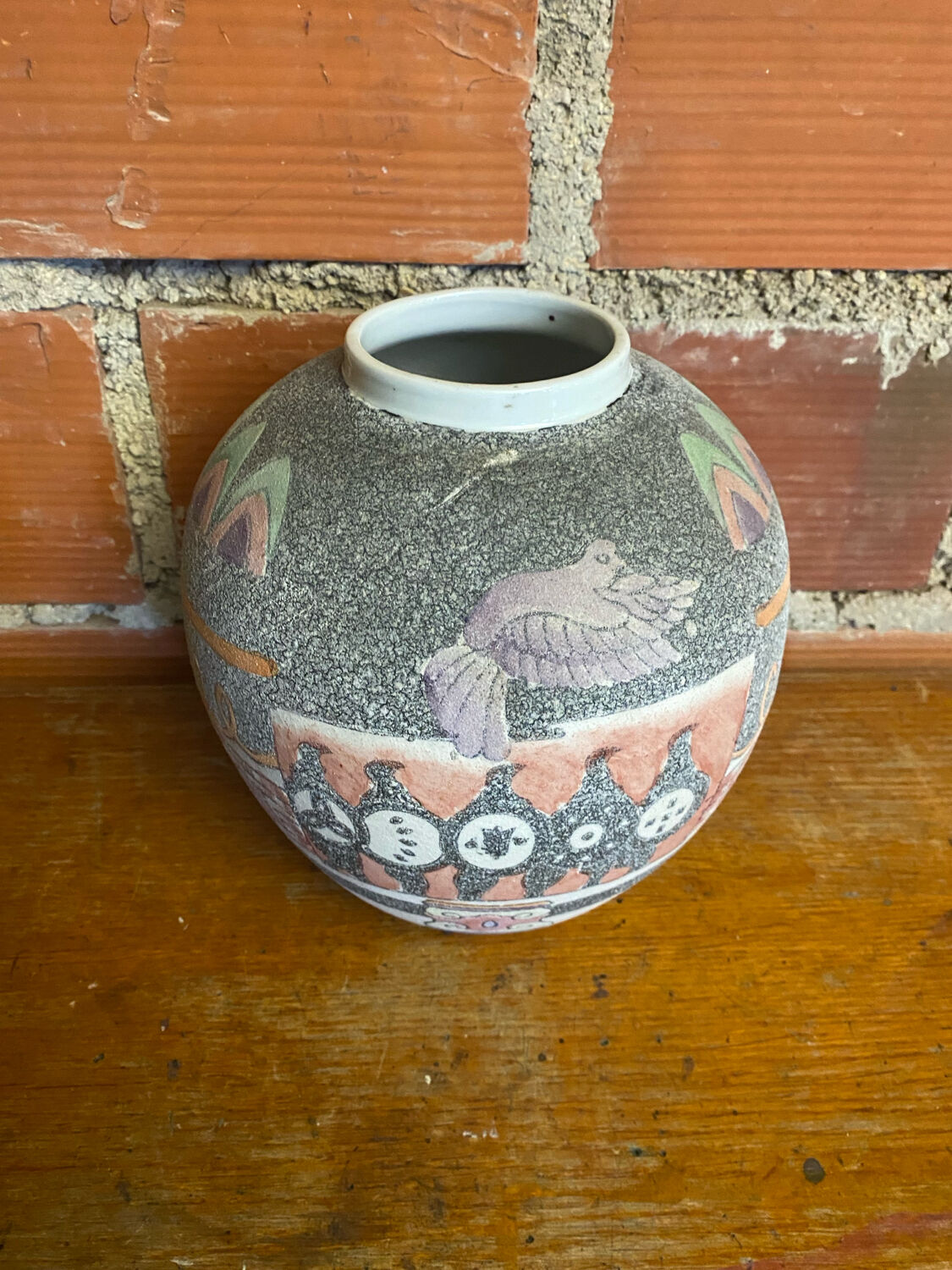 Antique Polychrome Ceramic Ball Vase Made in France Vintage