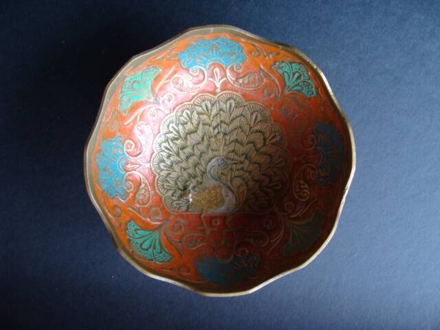 Peacock enameled brass bowl