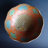 Peacock enameled brass bowl