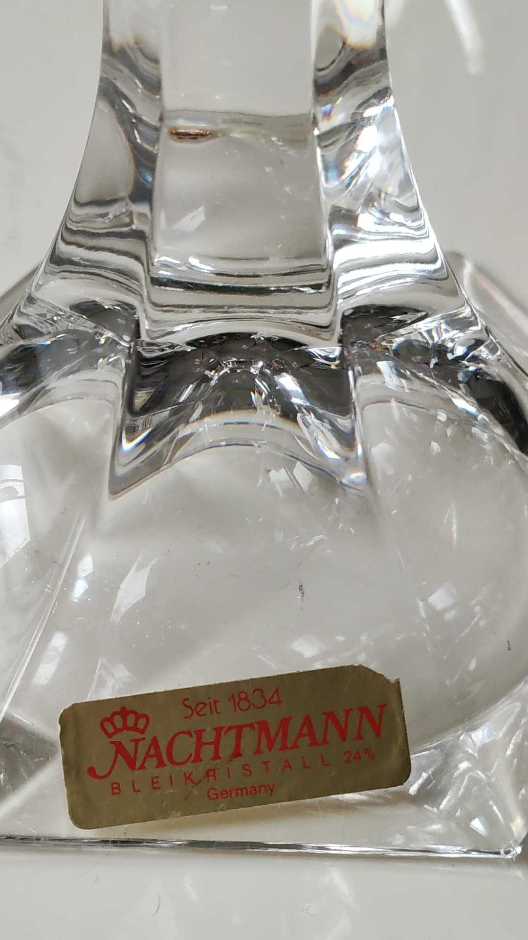 Torch candle holder in finely cut hexagonal crystal labeled Nachtmann