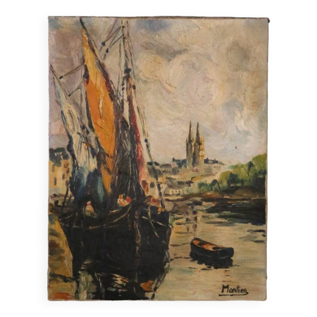 Tableau Marin Original Peint à L'huile Sur Toile, Bateau De Pêche, Signé Par L'artiste