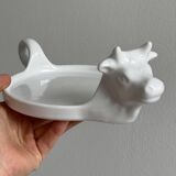 White porcelain cheese dish with handle and cow's head