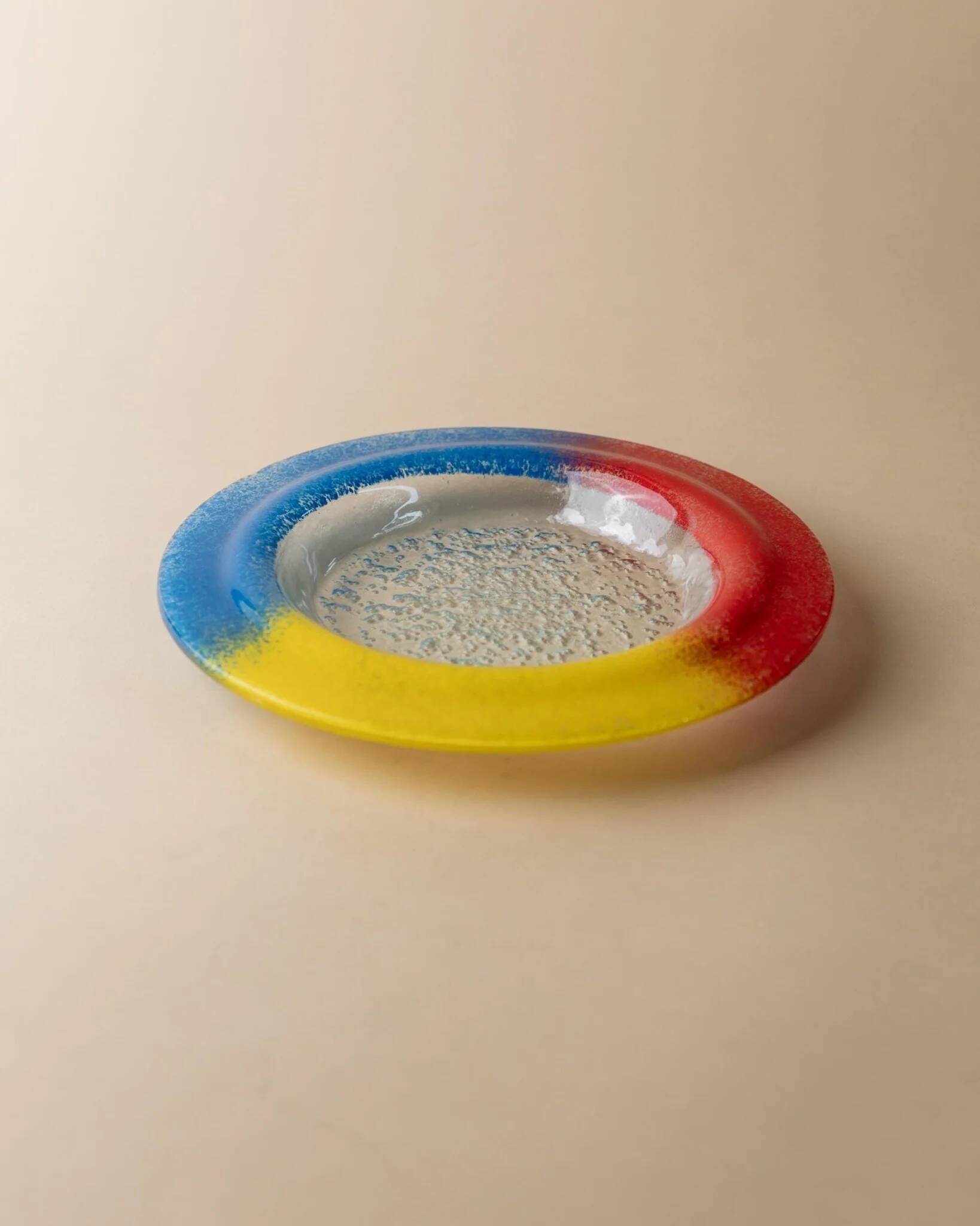 Vintage Murano glass bowl - blue, red, and yellow glass with bubbles - Italy 1980s - Pop Art design