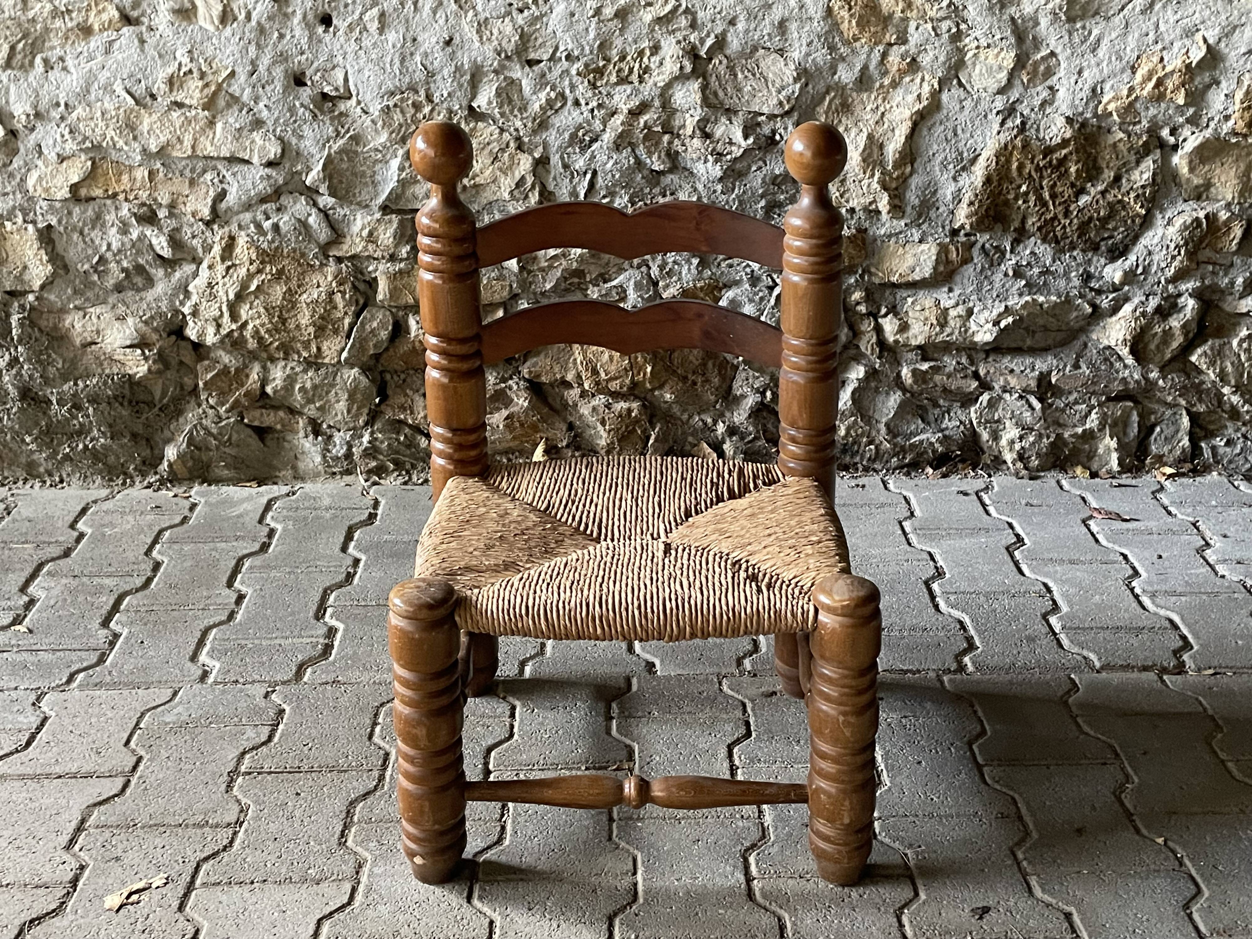 Rustic oak and straw chair, France 1940s