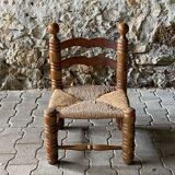 Rustic oak and straw chair, France 1940s