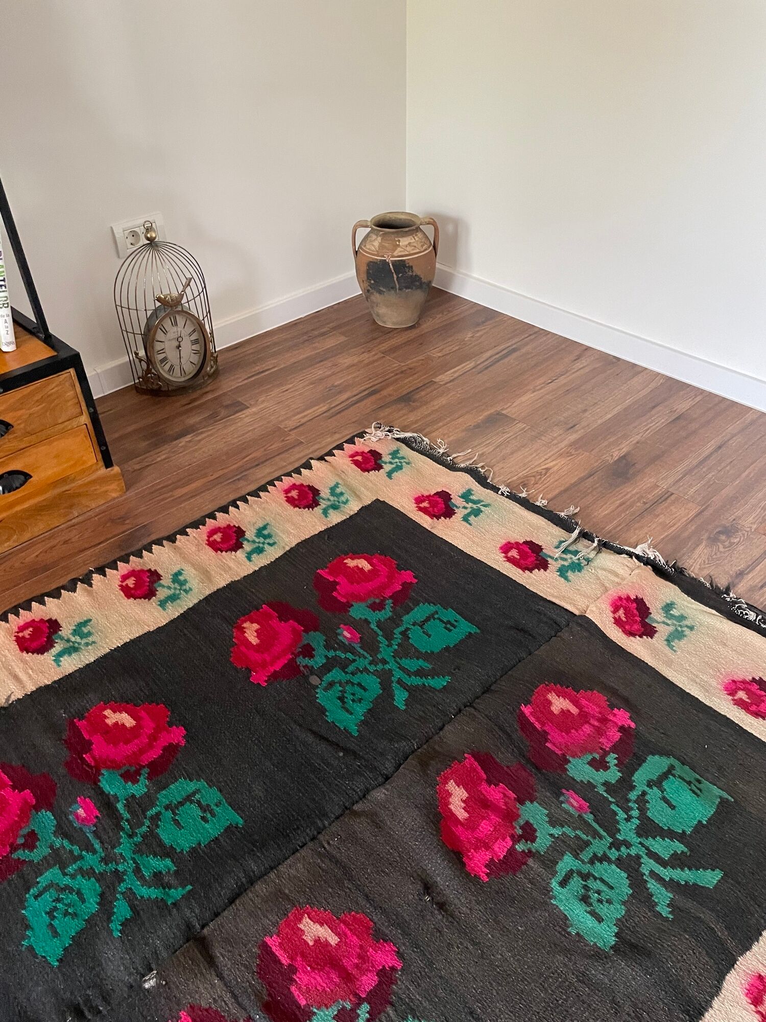 Very Old Romanian floral handwoven carpet made in wool, bohemian design