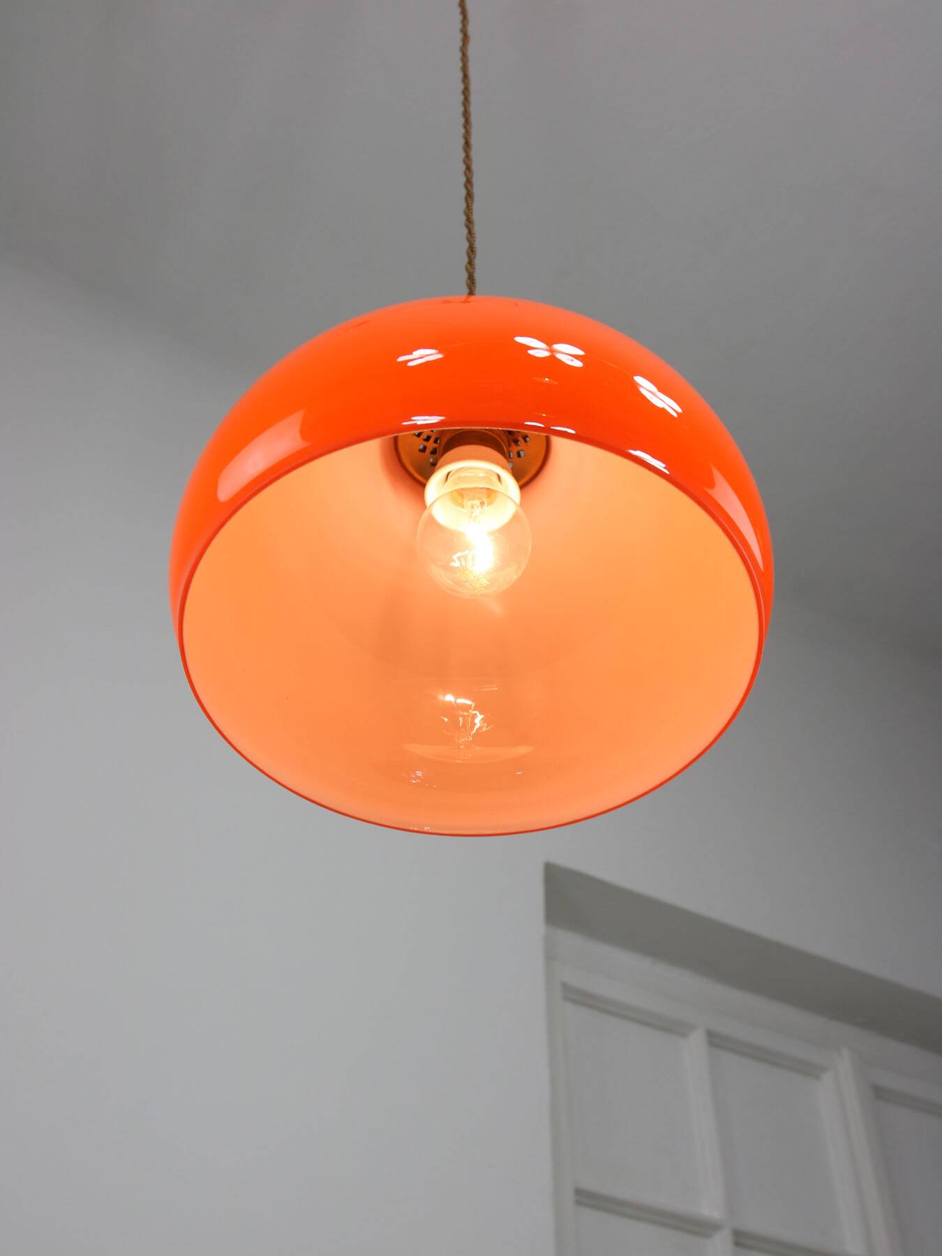 Mid-Century Italian Orange Glass and Brass Pendant Lamp