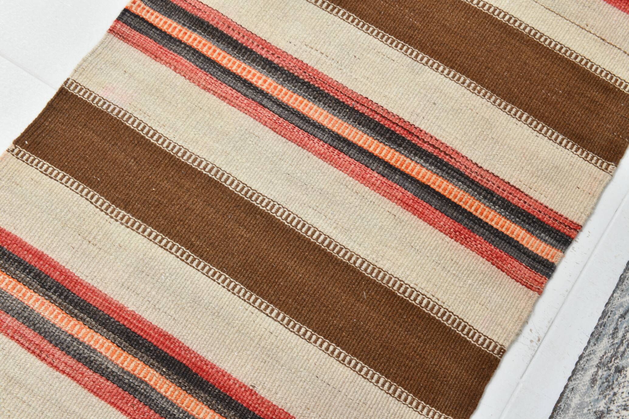 3x11 Beige Brown Striped Pattern Kilim Runner Rug, 78x327Cm