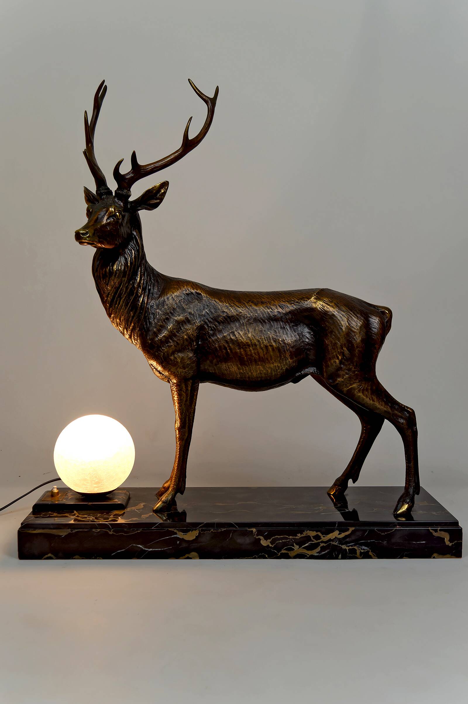 Important Bronze and Marble Sculptural Lamp, Deer, Art Deco, France