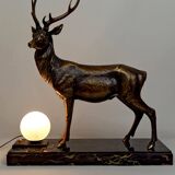 Importante Lampe Sculpturale en Bronze et Marbre, Cerf, Art Déco, France