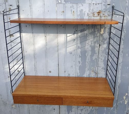 Vintage modular shelf and drawers in teak veneer and black metal, Nisse Strinning, 60s