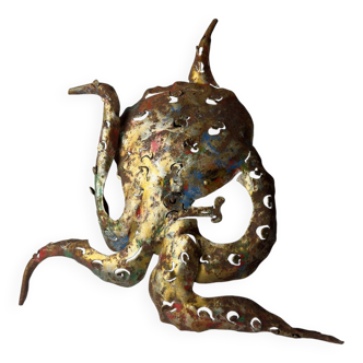 Brutalist metal octopus wall lamp by Salvino Marsura, Italy, 1980s.