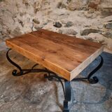 Vintage French coffee table from the 1960s – Rustic pine coffee table with a black iron base.