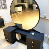 Coiffeuse au miroir rond vintage noire