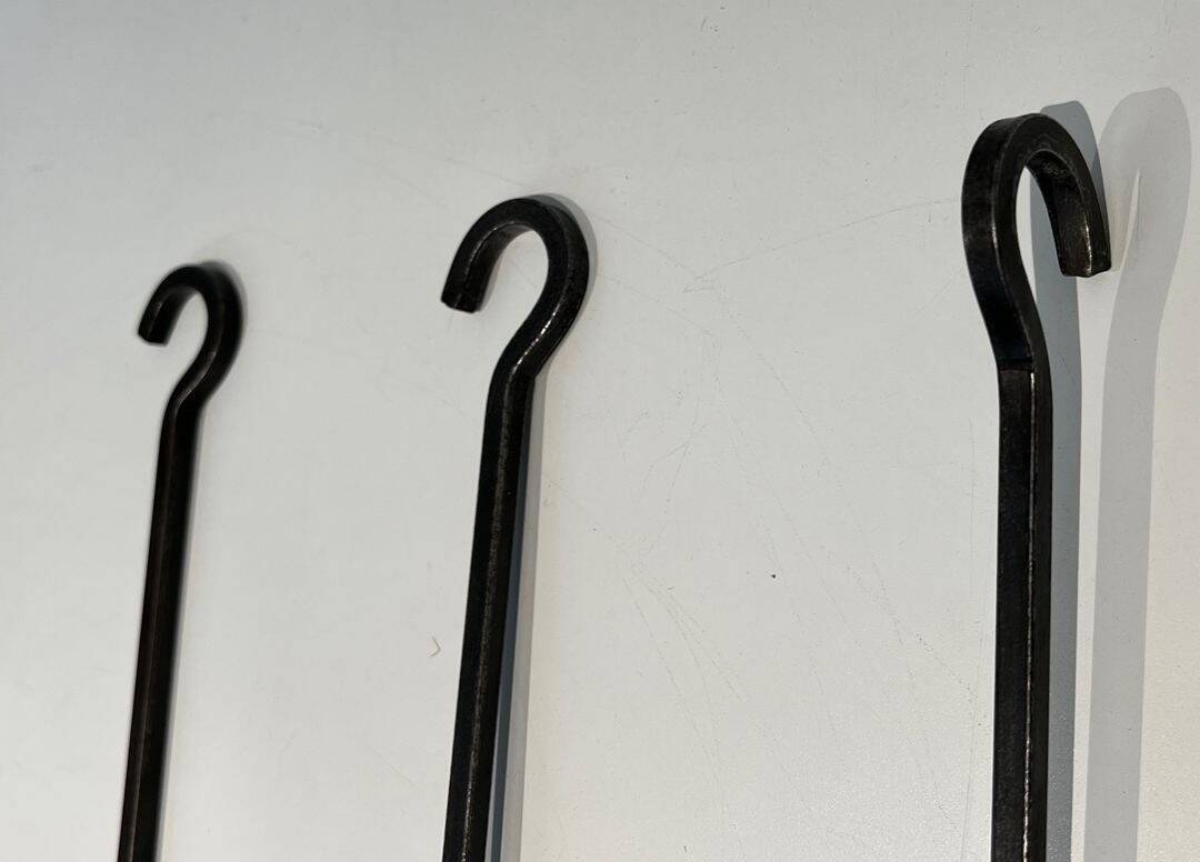 Modernist Fire Necessities in Steel and Brass with Hanging Tools, in the