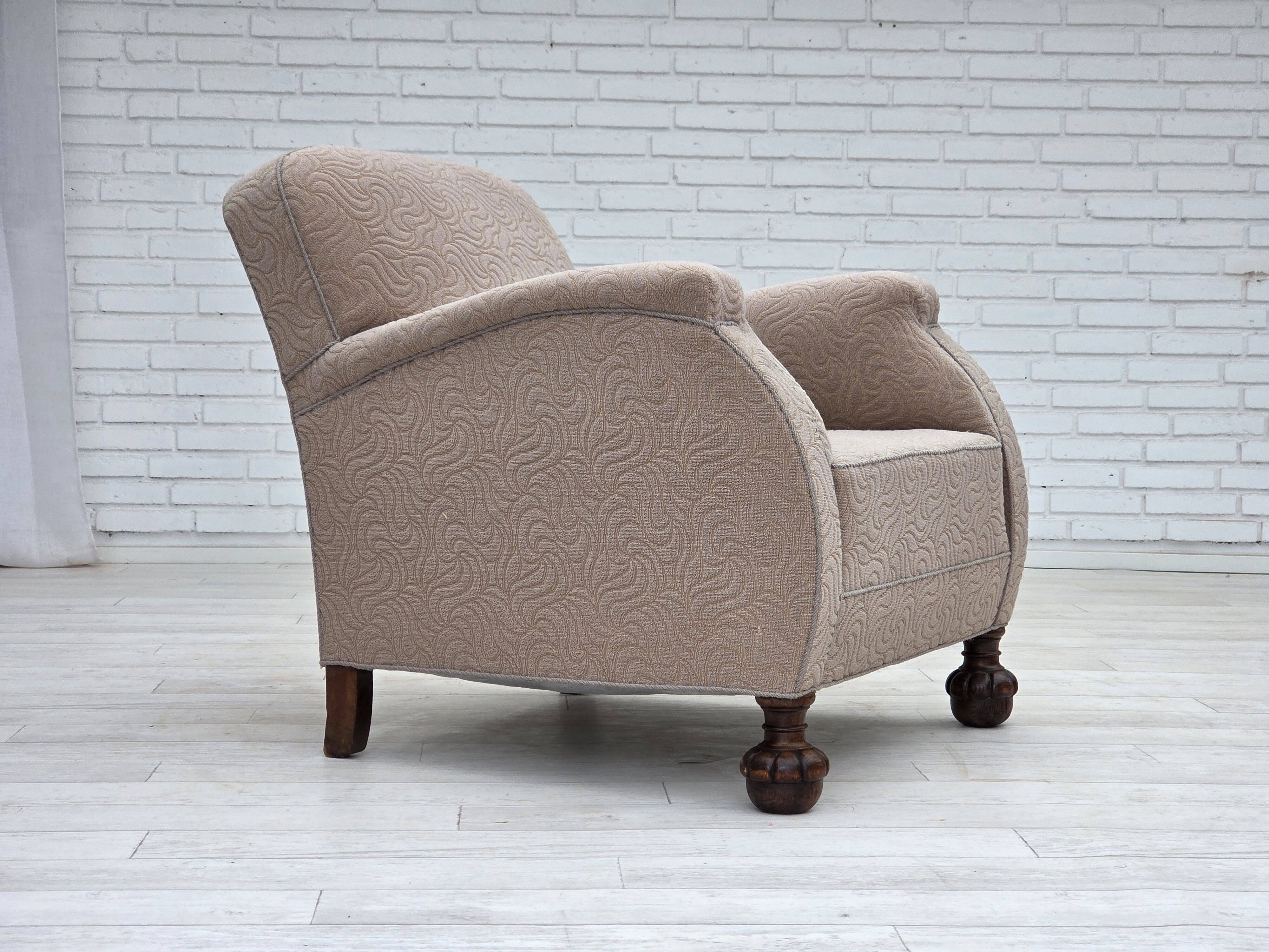 1950s, Danish artdeco armchair, furniture wool, oak wood legs.