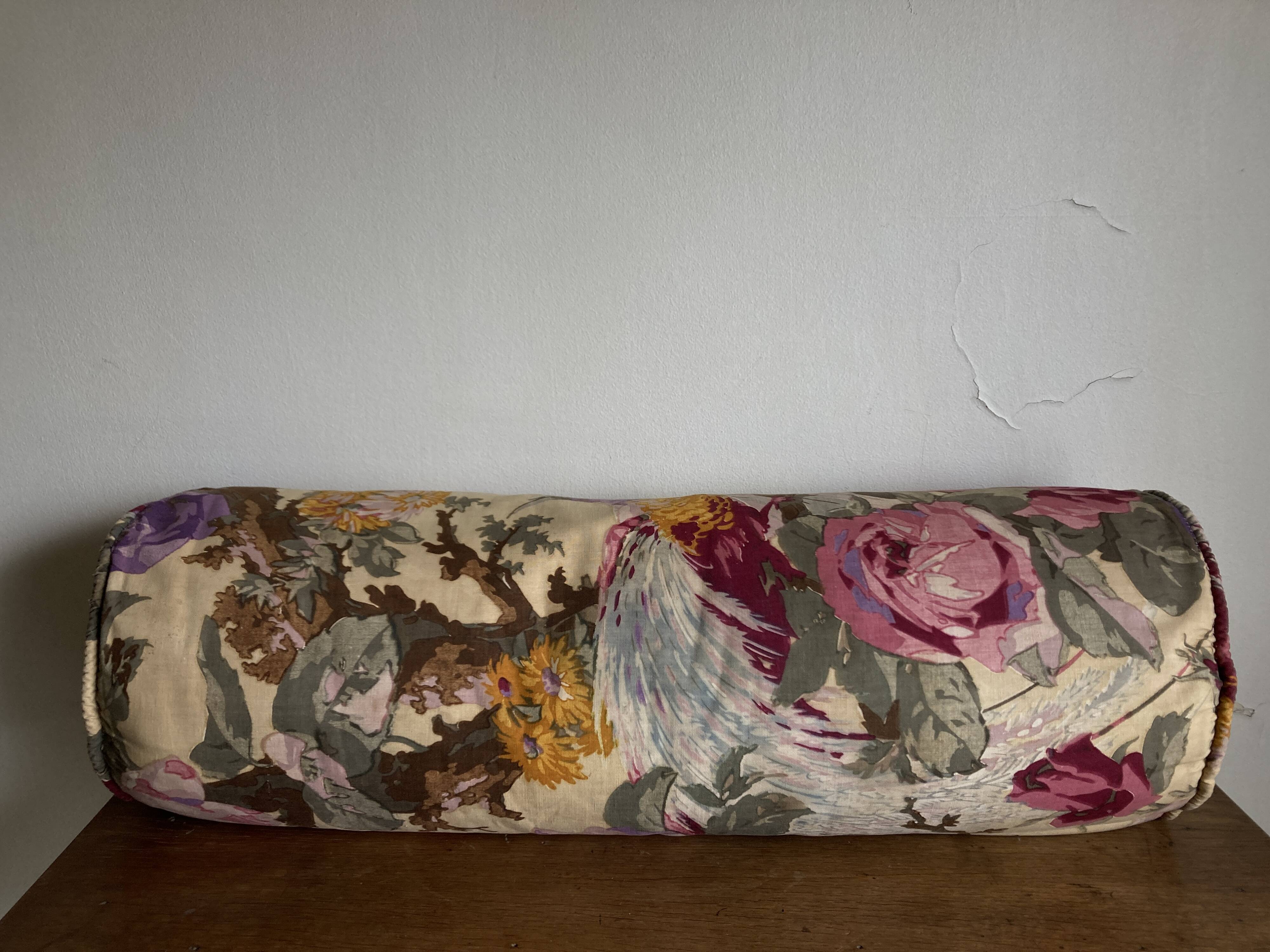 Coussin polochon de campagne en toile de lin 1950 à fleurs XL