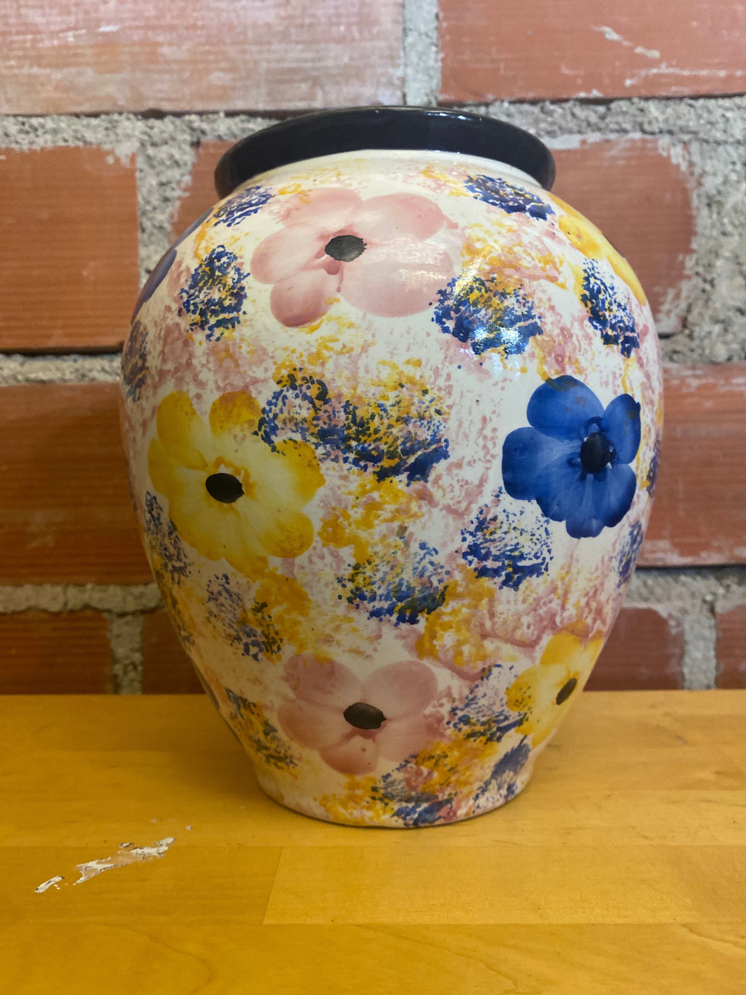 Vintage White Ceramic Round Vase with Polychrome Flower Decoration #D